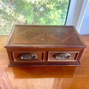 Vintage Wooden Parquet Style Two-Drawer Jewelry Trinket Box with Brass Pulls